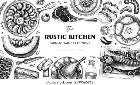 Farm food background in engraved style. Hand drawn vector illustration. Farmhouse kitchen sketches. Family dinner frame design. NOT AI generated.