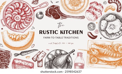 Farm food background in engrved style. Hand drawn vector illustration. Farmhouse kitchen sketches. Family dinner frame design. NOT AI generated.