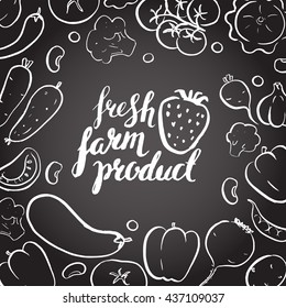 Farm food card. Brush hand drawn vector vegetables. Label.  Logotype. Lettering. Fresh eco organic product. Chalkboard.