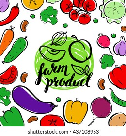 Farm food card with colorful vegetables. Brush hand drawn vector illustration. Label.  Logotype.  Fresh eco organic product.