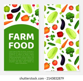 Farm food card with fresh vegetables seamless pattern. Fresh organic farm products production. Farmers market flyer, leaflet vector illustration