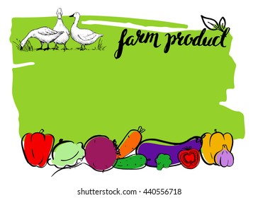 Farm food card. Geese on the glade. Brush handwritten vegetables.  Logotype. Hand drawn vector illustration. Lettering. Fresh eco organic product.