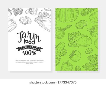 Farm Food Card Template with Natural Organic Healthy Products Seamless Pattern, Element Can be Used for Organic Food Store, Farm Market, Restaurant Menu Hand Drawn Vector Illustration