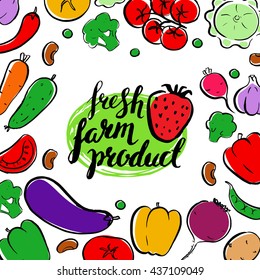 Farm food card with vegetables. Brush hand drawn vector background. Label.  Logotype.  Lettering. Fresh eco organic product. 