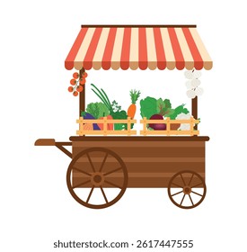 Farm food cart. Market stalls and vegetable stands. Vector illustration of farmer's stall with organic vegetables, farmers market, bazaar