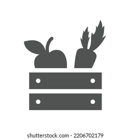 Farm Food Crate Vector Icon. Carrot And Apple Groceries In Basket, Healthy Vegan Eating Filled Symbol.