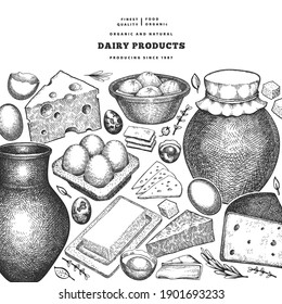 Farm food design template. Hand drawn vector dairy illustration. Engraved style different milk products and eggs banner. Retro food background.