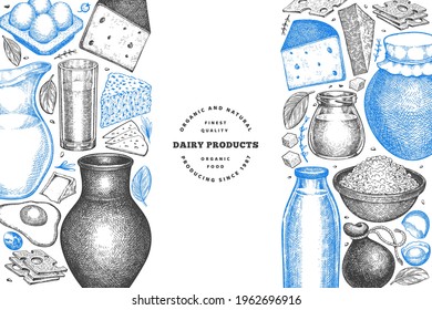 Farm food design template. Hand drawn vector dairy illustration. Engraved style different milk products and eggs banner. Retro food background.