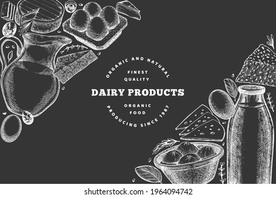 Farm food design template. Hand drawn vector dairy illustration on chalk board. Engraved style different milk products and eggs banner. Retro food background.