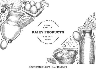 Farm food design template. Hand drawn vector dairy illustration. Engraved style different milk products and eggs banner. Retro food background.