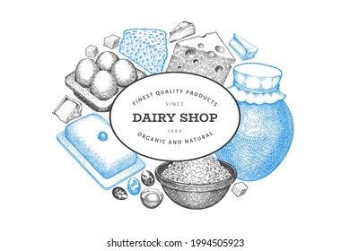 Farm food design template. Hand drawn vector dairy illustration. Engraved style different milk products and eggs banner. Retro food background.