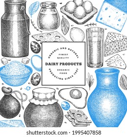 Farm food design template. Hand drawn vector dairy illustration. Engraved style different milk products and eggs banner. Retro food background.