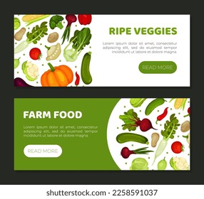 Farm food landing page template. Fresh organic ripe veggies horizontal web banner, homepage design cartoon vector