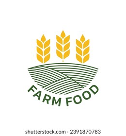 Farm food logo with agriculture field and wheat. Organic or eco food, nature, harvest symbol, label or badge design. Vector illustration.