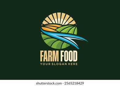 Farm food logo design with field and river icon symbols, vector agricultural logo template