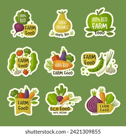 Farm food logo. Eco products badges green organic fruits and vegetables stylized symbols recent vector healthy food