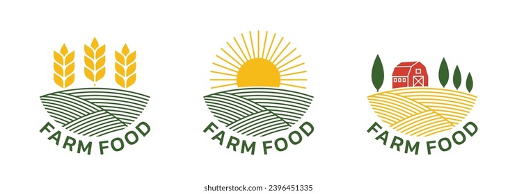 Logotipo de alimento de granja o conjunto de íconos con campo agrícola, trigo, sol y casa de granero. Diseño de emblemas de productos frescos, naturales, orgánicos y saludables. Ilustración vectorial.