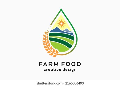 Farm Food Logo, Organic Food Source Illustration. Rice Or Wheat, Paddy Field, Mountain And Sun Icon In Drops