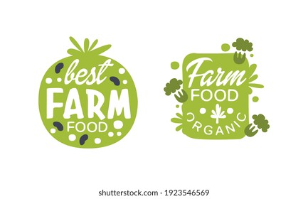 Farm Food Logo Templates Design, Fresh Organic Natural Products Green Labels, Healthy Life and Premium Quality Vegan Food Vector Illustration