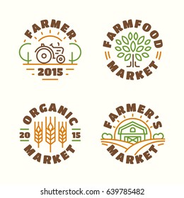 Farm Food Market And Organic Emblem Set Color Line Style Isolated On Background For Farming, Natural Product Company, Nature Firm, Healthy Food Shop, Vegan Cafe, Eco Store, Garden. Vector Illustration