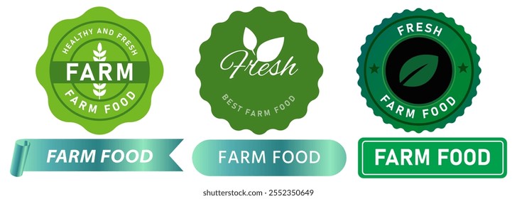 Farm food nature healthy dish natural premium health vegetables farmer product vegetarian business packaging stamp green badges sticker label emblem ribbon banner design icon set collection