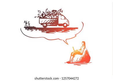 Farm, food, online, delivery, business concept. Hand drawn woman order organic food in internet concept sketch. Isolated vector illustration.