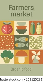 Farm Food and Organic Market Posters. Vegetable abstract geometric pattern. Mosaic scandinavian background. Agriculture and farming background. 