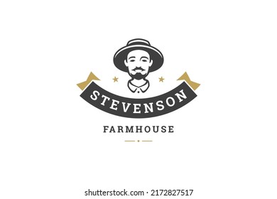 Farm Food Production Vintage Logo Design Template Smiling Man Agricultural Worker With Mustache Vector Illustration. Male Farmer Head In Hat Organic Farmhouse Staff Occupation Local Business Emblem