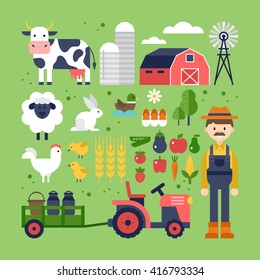 Farm food, products and animals icons. Harvest, agriculture and natural organic farm icons for graphic and web design