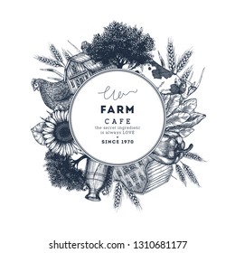 Farm food round design template. Fresh vegetables. Retro card. Farm vegetables and animals. Vector illustration