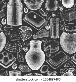 Farm food seamless pattern. Hand drawn vector dairy illustration on chalk board. Engraved style different milk products and eggs banner. Retro food background.