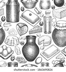 Patrón sin fisuras de los alimentos de granja. Ilustración de leche vectorial dibujada a mano. Banner con diferentes productos lácteos y huevos de estilo grabado. Fondo de comida retro.