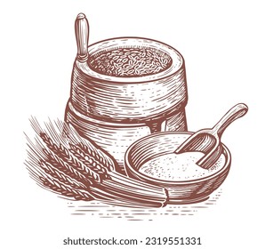 Farm food sketch vector illustration. Wheat ears, flour, millstones. Processing cereal seeds into flour for cooking