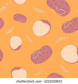 Farm food, tasty and nutritious meal. Fresh potato slices and pieces. Preparing meal and eating balanced and organic ingredients. Seamless pattern, background print or wallpaper. Vector in flat style
