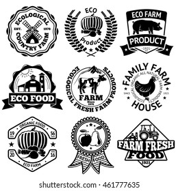 Farm food vector labels set, with mill, vegetables, pig, farm house, cow, chicken, fruits, tractor.