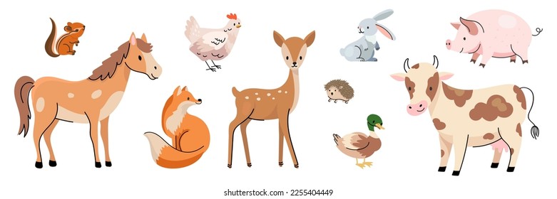 Caracteres animales de granja y bosque. Animales de granja, caballos de vaca y cerdos. Dibujo aislado de niños elementos zoológicos, actualmente colección de vectores de vida salvaje