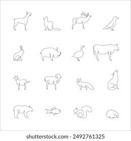 Farm and Forest Animals One Continuous Line Drawing Sign Emblem Icon Set Include of Sheep, Rabbit and Cow. Vector illustration of Simple Linear Style