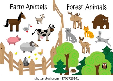 Farm and forest animals set in flat cartoon vector style. Zoology for preschoolers. Fauna for children