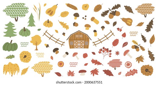 Farm forest isolated autumn elements set. Barn acorn boletus, fly agaric, viburnum, leaves maple, oak corn pumpkin nuts chestnuts apples oranges cinnamon. Vector illustration on white background