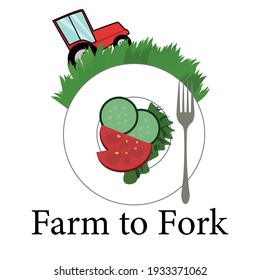 Farm to fork concept vector design with field, red tractor, gray fork and tomato slices, cucumber or zucchini , green leafy vegetable on white plate. Design element for prints, posters, advertising. 