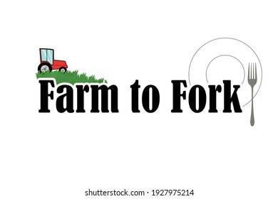 Farm to Gabel Konzept Vektorgrafik mit Feld, rotem Traktor, grauer Gabel und weißer Platte. Design-Element für Drucke, Poster, Werbung. 