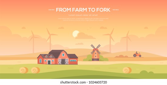 From farm to fork - modern flat design style vector illustration on orange background with place for text. A countryside landscape with a field, barn, windmills, tractor, haystacks