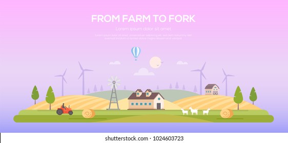 From farm to fork - modern flat design style vector illustration on purple background with place for text. A landscape with a barn, house, windmills, animals, tractor, haystacks