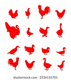 Aves de aves de granja colección Vector silueta ilustración aislada. Aves de corral domésticas: pavo, ganso, gallo, pollo, gallina, pato, ganso chino. Animales de rancho alimentos orgánicos. Agricultura tradicional del pueblo