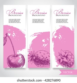 Farm fresh berries banners. Hand drawn. Cherry, strawberry and raspberry on rough pink watercolor paint background with white splashes.