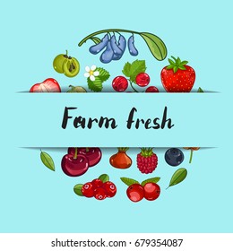 Farm fresh berry banner vector illustration. Juicy organic raspberry, blackberry, strawberry, gooseberry, currant. Natural fruit poster, healthy sweet diet, vegetarian nutrition promo, organic farming