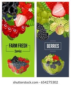 Farm fresh berry flyers vector illustration. Juicy organic raspberry, blackberry, strawberry, gooseberry, currant in glass bowl. Natural fruit poster, healthy sweet diet, vegetarian nutrition promo