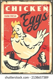 Farm Fresh Chicken Eggs Retro Advertising Metal Sign Post. Vintage Design For Animal Farm Products. Hen Drawing With Countryside Landscape. Vector Illustration.