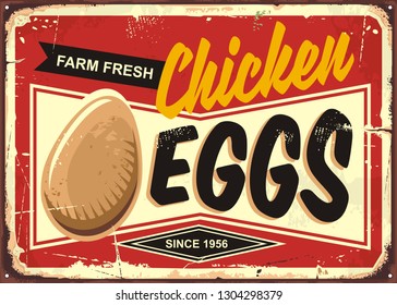 Farm fresh chicken eggs vintage promotional sign design. Retro advertisement for grocery store or farm products. Organic food ad.