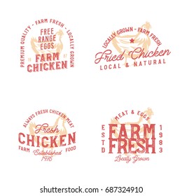 Farm fresh chicken marks. Badges in vintage style on farm theme with monochrome chicken sketch